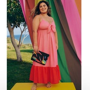 Tabitha Brown SIZE 2X Sleeveless Tie-Front Tiered Midi Dress Pink/Red Pockets